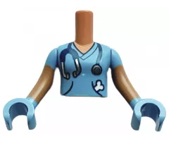 Torso Mini Doll Girl Medium Blue Shirt with Stethoscope and Bone in Pocket Pattern, Medium Nougat Arms with Hands with Medium Blue Short Sleeves and Gloves