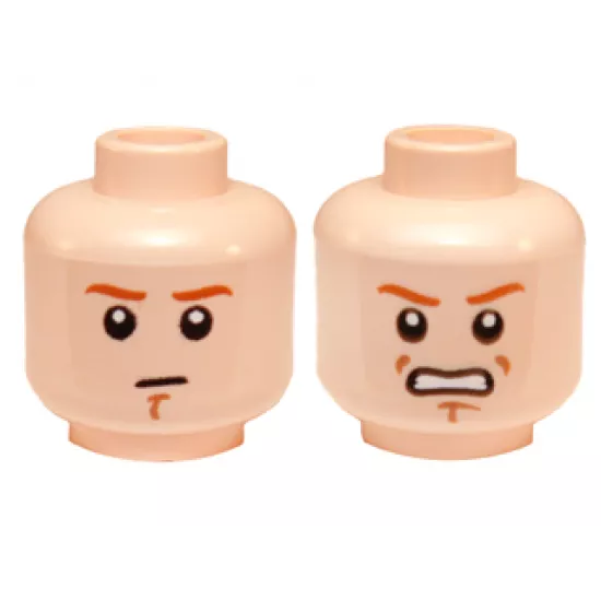 Minifigure, Head Dual Sided Dark Orange Eyebrows and Chin Dimple, Neutral / Angry, Bared Teeth Pattern