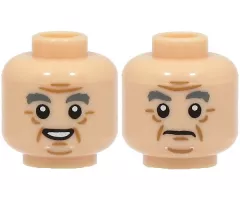 Minifigure, Head Dual Sided Dark Bluish Gray Bushy Eyebrows, Medium Nougat Jowl Lines, Chin Dimple, Forehead Creases and Wrinkles, Open Mouth Smile with Teeth / Frown Pattern