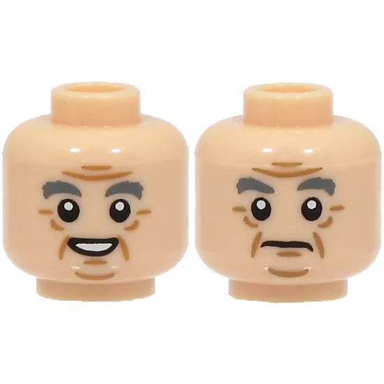 Minifigure, Head Dual Sided Dark Bluish Gray Bushy Eyebrows, Medium Nougat Jowl Lines, Chin Dimple, Forehead Creases and Wrinkles, Open Mouth Smile with Teeth / Frown Pattern