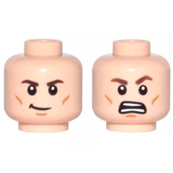Minifigure, Head Dual Sided Brown Eyebrows, Cheek Lines, Chin Dimple, Crooked Smile / Open Mouth Grimace Pattern