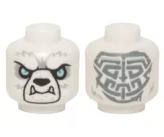 Minifigure, Head Alien Chima Bear with Black Nose, Bright Light Blue Eyes, Light Bluish Gray Fur, Lower Fangs, and Sand Blue Tribal Markings Pattern