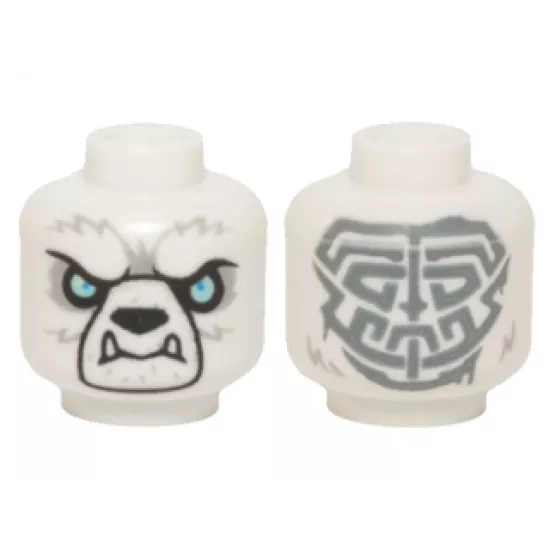 Minifigure, Head Alien Chima Bear with Black Nose, Bright Light Blue Eyes, Light Bluish Gray Fur, Lower Fangs, and Sand Blue Tribal Markings Pattern