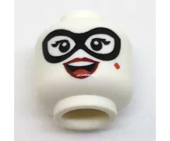 Minifigure, Head Female Black Eye Mask, Double Eyelashes, Red Diamond on Cheek, Dark Red Lips, Open Mouth Smile with Top Teeth and Tongue Pattern