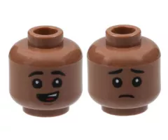 Minifigure, Head Dual Sided Child Black Eyebrows, Lopsided Open Mouth Smile with Top Teeth and Red Tongue / Sad Pattern