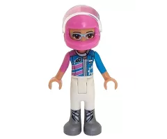 Friends Olivia, White Trousers, Dark Pink and Dark Azure Racing Jacket, Dark Pink Racing Helmet with Reddish Brown Ponytail