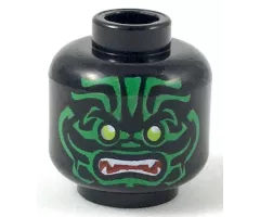 Minifigure, Head Alien with Lime Eyes, White Fangs, Green Face Decorations and Dark Red Mouth Pattern