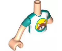 Torso Mini Doll Girl Dark Turquoise and White Top with Dark Orange Fox Pattern, Light Nougat Arm with Dark Turquoise Short Sleeve Left, Light Nougat Arm with Hand with Dark Turquoise Short Sleeve Right