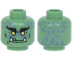 Minifigure, Head Alien with Black Bushy Eyebrows, Yellow Eyes, White Lower Fangs, and Sand Blue Scales Pattern