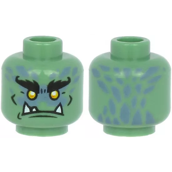 Minifigure, Head Alien with Black Bushy Eyebrows, Yellow Eyes, White Lower Fangs, and Sand Blue Scales Pattern