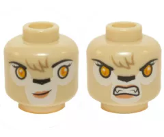 Minifigure, Head Dual Sided Alien Chima Lion Female with Orange Eyes, Black Nose, Forelock, Crooked Smile / Bared Teeth Pattern
