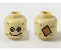 Minifigure, Head Dark Tan Scuff Marks, Bright Light Orange and Medium Nougat Button Eyes, Stitched Mouth (Scarecrow) Pattern