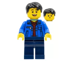 Man, Black Hair, Blue Jacket, Dark Red Shirt, Dark Blue Legs