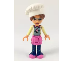 Friends Olivia, Dark Pink Skirt and Dark Blue Leggings, Sand Green Sweater with Bright Yellow Jacket, White Chef Toque with Hair