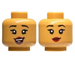 Minifigure, Head Dual Sided Female Black Eyebrows, Dark Red Lips, Lopsided Open Mouth Smile with Teeth and Tongue / Closed Mouth Pattern