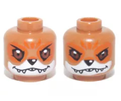 Minifigure, Head Dual Sided Alien Chima Fox with Black Nose, Reddish Brown Eyes, Orange Eye Shadow and Forehead Marks, White Muzzle and Sharp Teeth, Happy / Fierce Pattern