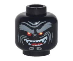 Minifigure, Head Alien with Light Bluish Gray Bushy Eyebrows, Red Eyes, Open Mouth Crooked Smile Left Raised with Fangs Pattern