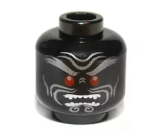 Minifigure, Head Alien with Silver Thick Bushy Eyebrows, Cheek Lines and Chin Swirls, Red Eyes, Furrowed Brow, Angry Open Mouth with Sharp Teeth Parted Pattern