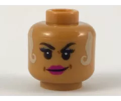 Minifigure, Head Female Black Eyebrows, White Locks Hanging on Both Sides, Magenta Lips Smirk Pattern