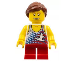 Tank Top with Surfer Silhouette, Red Short Legs, Reddish Brown Ponytail and Swept Sideways Fringe