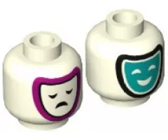 Minifigure, Head Dual Sided Dark Turquoise Comedy and Magenta Outlined Tragedy Theater Masks Pattern