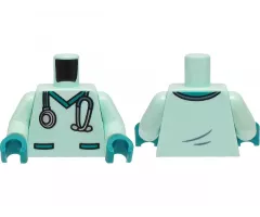 Torso Hospital Scrubs with Dark Turquoise Pockets and Collar and Sand Blue and Silver Stethoscope Pattern / Light Aqua Arms / Dark Turquoise Hands
