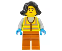 Recycling Worker - Female, Neon Yellow Safety Vest with Reflective Stripes, Dark Orange Legs, Black Hair