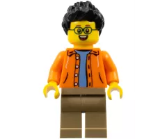 Man, Black Spiky Hair, Glasses, Orange Jacket, Sand Blue Shirt, Dark Tan Legs