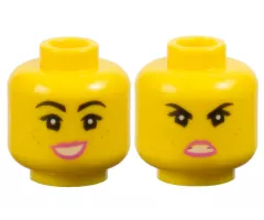 Minifigure, Head Dual Sided Female Black Eyebrows, Eyelashes, Freckles, Dark Pink Lips, Lopsided Open Mouth Smile Large with Teeth / Angry Pattern