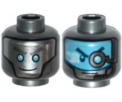 Minifigure, Head Dual Sided Alien Robot with Silver Face with Medium Azure Eyes / Medium Azure Visor with Headset and Eyepiece Pattern