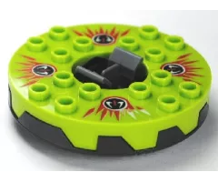 Turntable 6 x 6 x 1 1/3 Round Base Serrated with Lime Top and Red, White and Black Fangpyre Pattern (Ninjago Spinner)