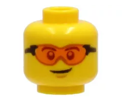 Minifigure, Head Safety Glasses with Orange Lenses and Black Frames, Chin Dimple, Lopsided Grin Pattern