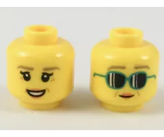 Minifigure, Head Dual Sided Female Dark Tan Eyebrows, Medium Nougat Crow's Feet, Peach Lips, Smile / Dark Turquoise Sunglasses Pattern