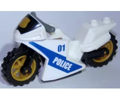 Riding Cycle Motorcycle Sport Bike with Black Windshield with Gold Badge Pattern, Black Frame, Pearl Gold Wheels and Dark Bluish Gray Handlebars with Police Pattern on Both Sides (Stickers) - Set 60137