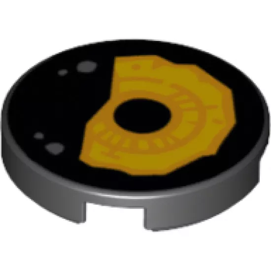 Tile, Round 2 x 2 with Bottom Stud Holder with Yellow Eye with Detailed Iris, Black Pupil and Eyelid with Dark Bluish Gray Spots Pattern