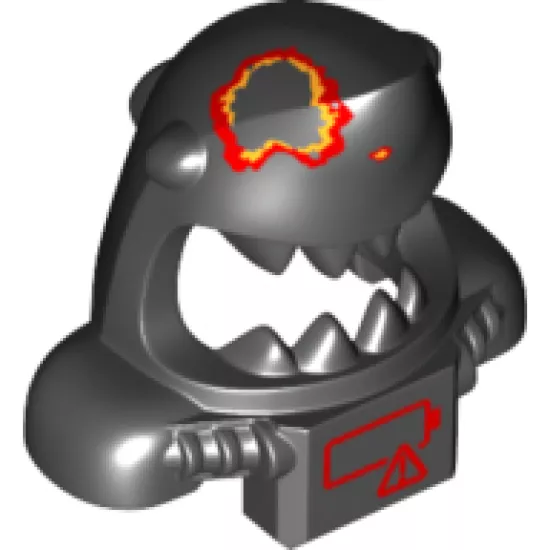 Minifigure, Headgear Mask Shark Head with Open Mouth with Red and Yellow Splotch, Shoulder Pads and Front Panel and Red Low Battery Warning Pattern