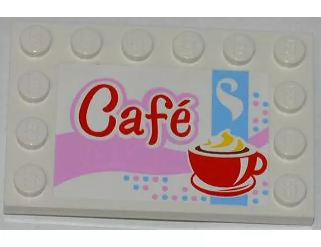 Tile, Modified 4 x 6 with Studs on Edges with 'Café' (Cafe) and Red Cup and Saucer Pattern (Sticker) - Set 3061