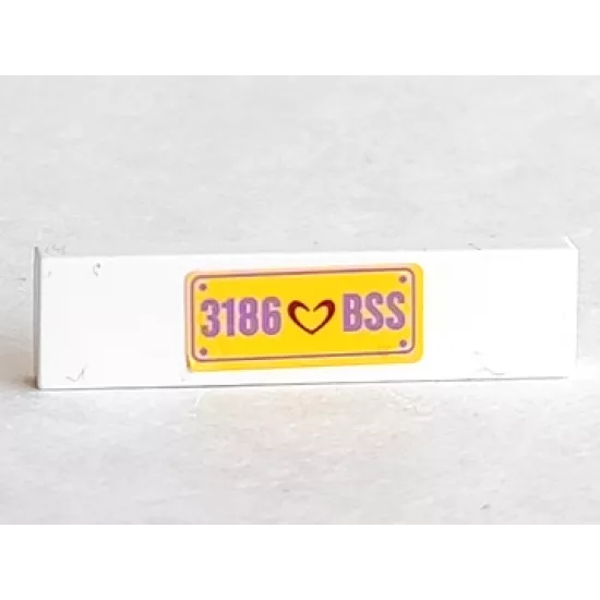 Tile 1 x 4 with Dark Red Heart and '3186 BSS' License Plate Pattern (Sticker) - Set 3186