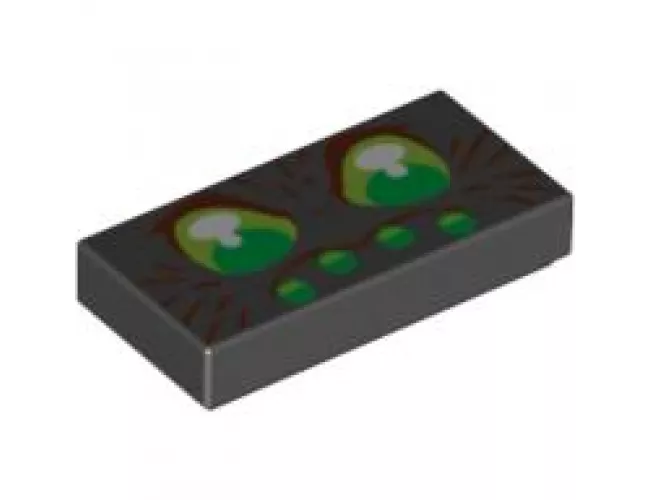 Tile 1 x 2 with Green Eyes and 4 Green Dots with Brown Hairs Pattern (Spider Face)