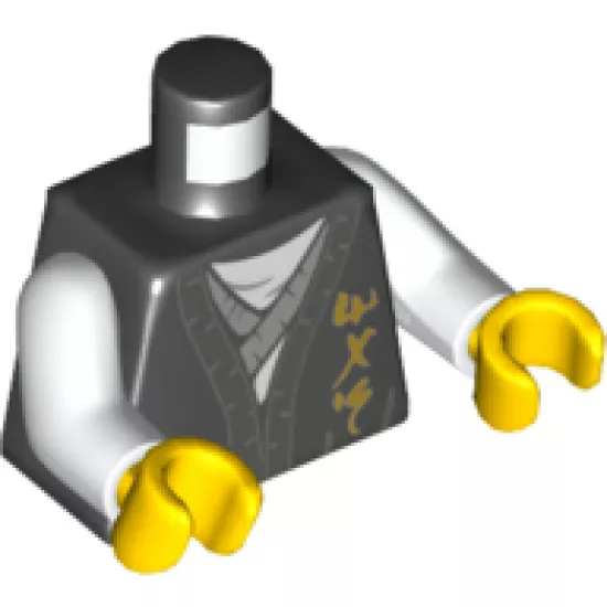 Torso Robe with Dark Bluish Gray Hem, Gold Ninjago Logogram 'MAS', Light Bluish Gray Tunic Pattern / White Arms / Yellow Hands