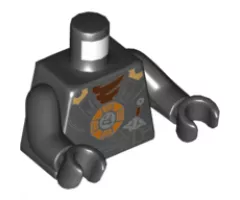 Torso Ninjago Dark Bluish Gray and Gold Straps and Belt, Round Emblem, Weapons and Dark Brown Undershirt Pattern / Black Arms / Black Hands