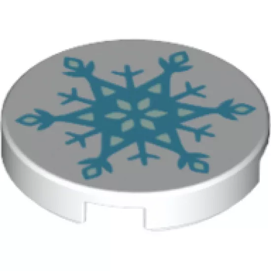 Tile, Round 2 x 2 with Bottom Stud Holder with Reflective Snowflake / Ice Crystal Pattern