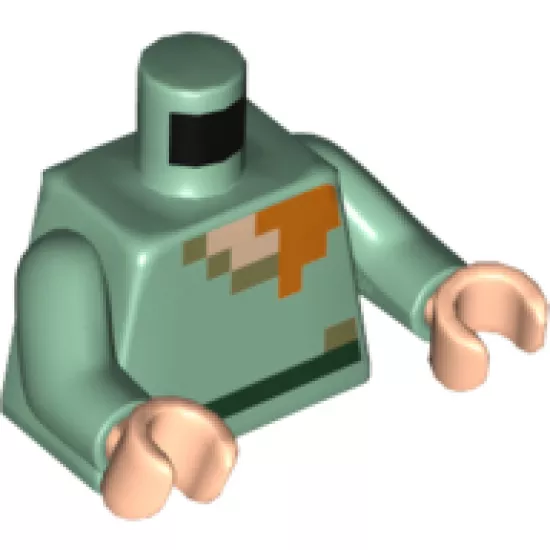 Torso Pixelated Light Nougat, Dark Tan and Orange Neck, Dark Green Belt Pattern (Minecraft) / Sand Green Arms / Light Nougat Hands