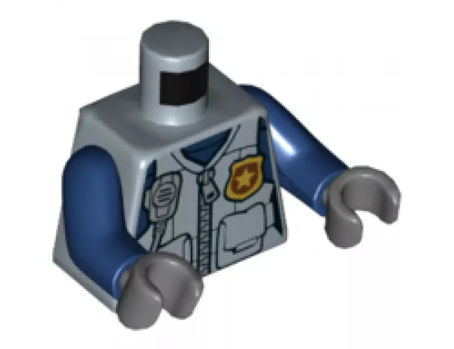 Torso Police Female Jacket with Zipper, Pockets, Gold Badge, Radio and 'POLICE' on Back Pattern / Dark Blue Arms / Dark Bluish Gray Hands