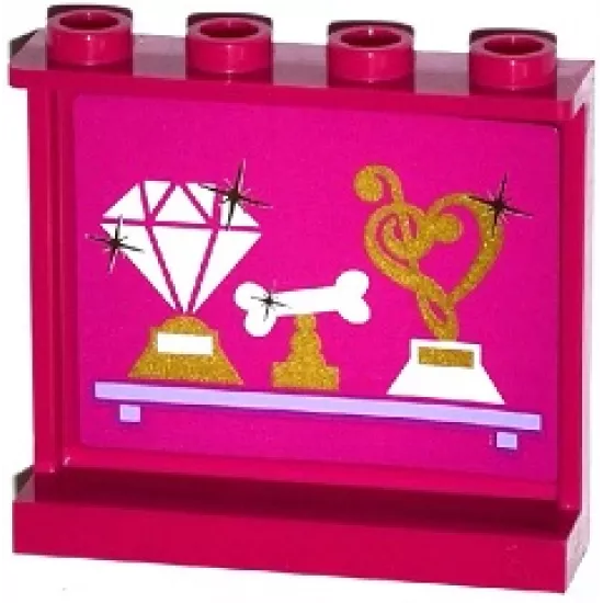 Panel 1 x 4 x 3 with Side Supports - Hollow Studs with Jewel, Bone and Music Trophies on Shelf Pattern on Inside (Sticker) - Set 41104