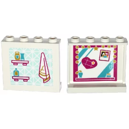 Panel 1 x 4 x 3 with Side Supports - Hollow Studs with Towel and Shelves on Outside and Mirror with Heart on Inside Pattern (Stickers) - Set 41135