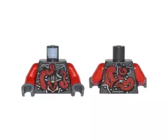 Torso Ninjago Metallic Silver Armor with Clock and Large Red Snake with White Fangs on Back Pattern / Red Arms / Dark Bluish Gray Hands