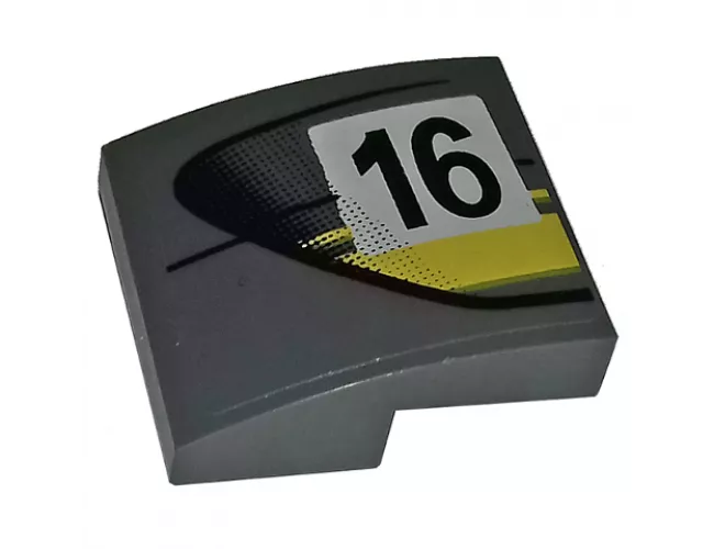 Slope, Curved 2 x 2 with Black Number 16 and Double Yellow Stripes on Dark Bluish Gray Background Pattern Model Left Side (Sticker) - Set 75877