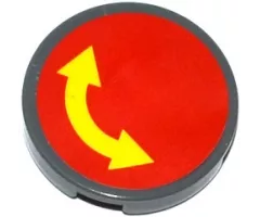 Tile, Round 2 x 2 with Bottom Stud Holder with Yellow Curved Arrow Double on Red Background Pattern (Sticker) - Sets 60076 / 60166