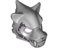 Minifigure, Headgear Mask Tiger with White Fangs, Fur, Purple Sinew Patches and Stitches Pattern